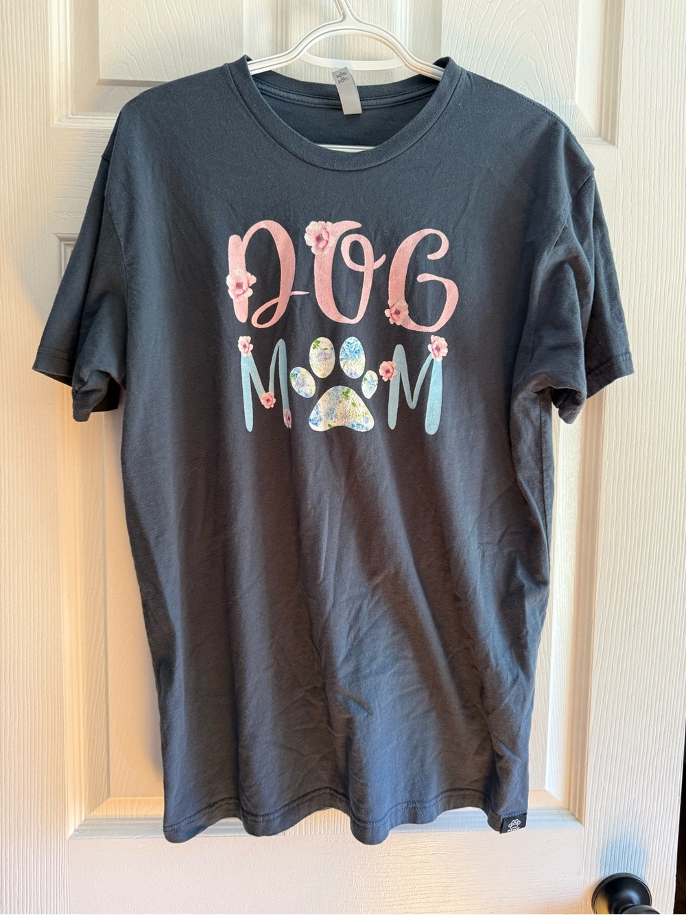 Pawz Next Level Apparel Black Tee with Pink & Light Blue Dog Mom Design
